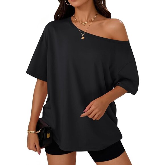 Tops - Women's Off Shoulder Crop Top Oversized Short Sleeve Casual Summer Fashion